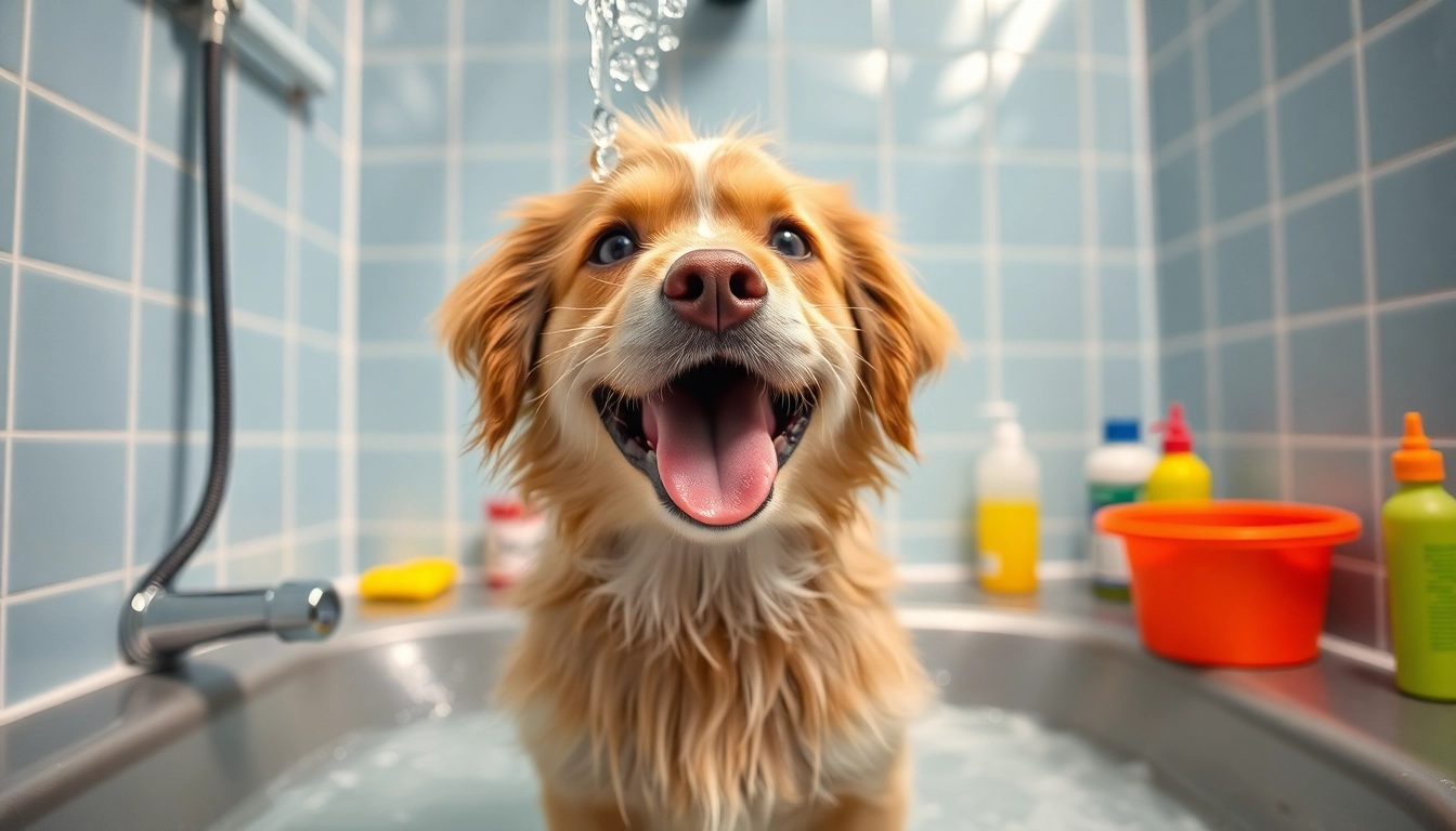 Enjoying a bath at a dog wash near me with colorful grooming supplies and a clean environment.
