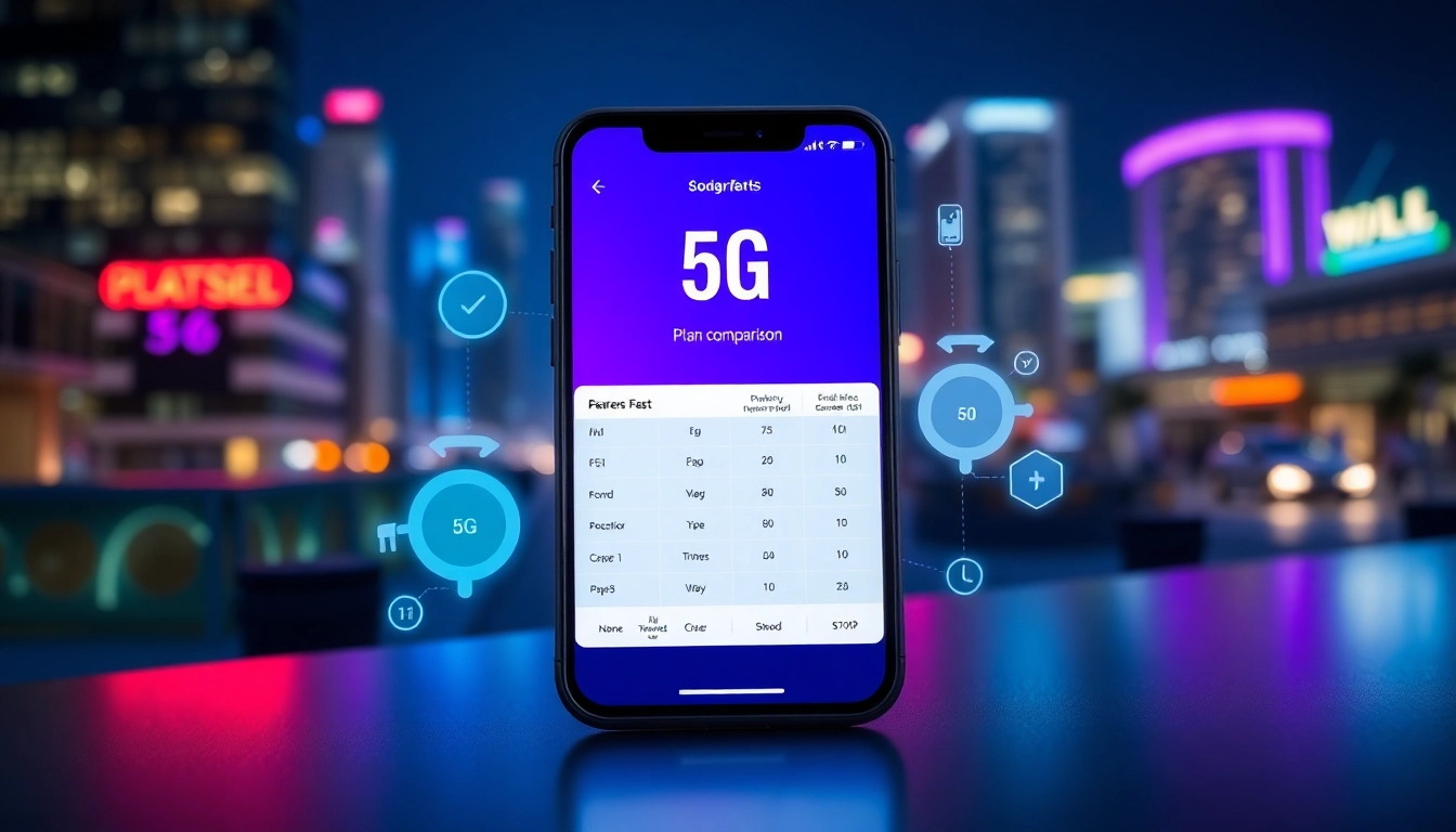 一部現代智能手機顯示5G計劃比較，背景為充滿活力的城市夜景，象徵著連接和技術的霓虹燈光。