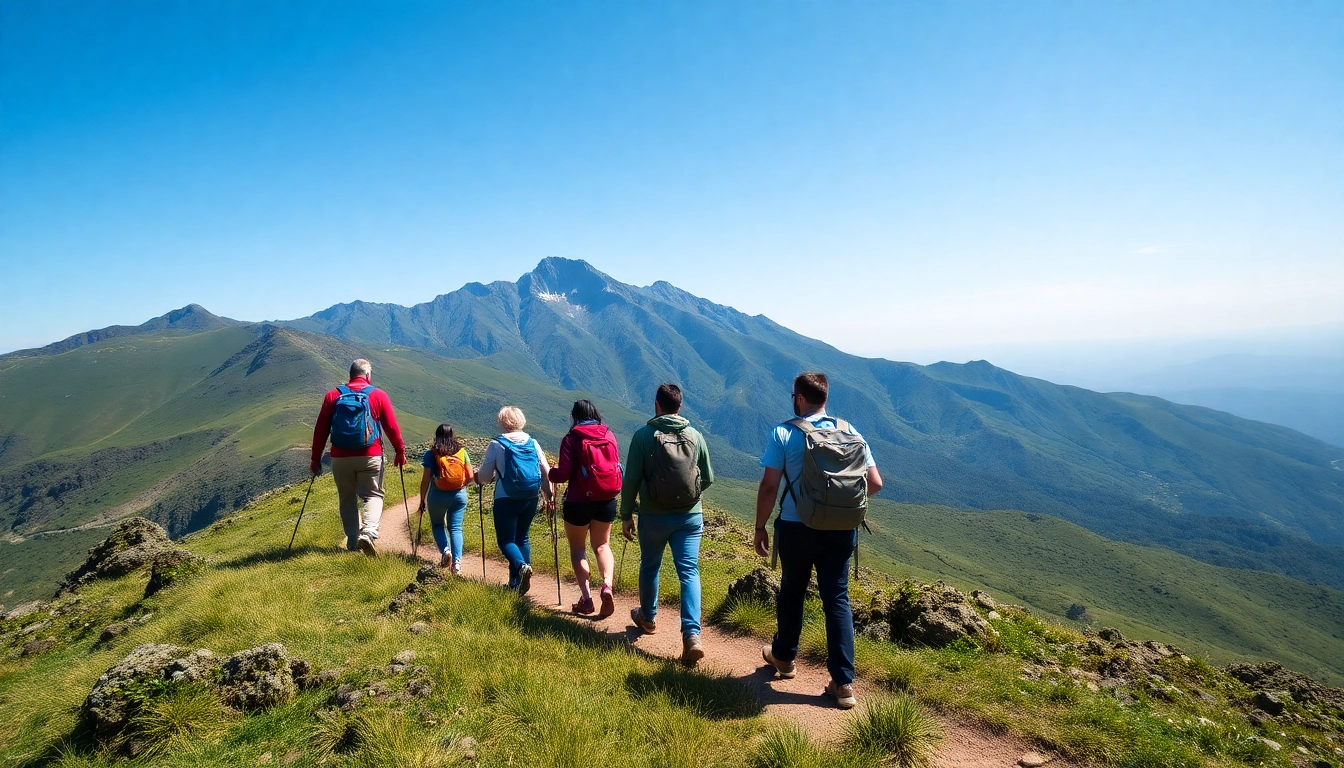 Guided hike with an experienced guide leading a group through scenic mountain terrain, showcasing adventure and exploration.