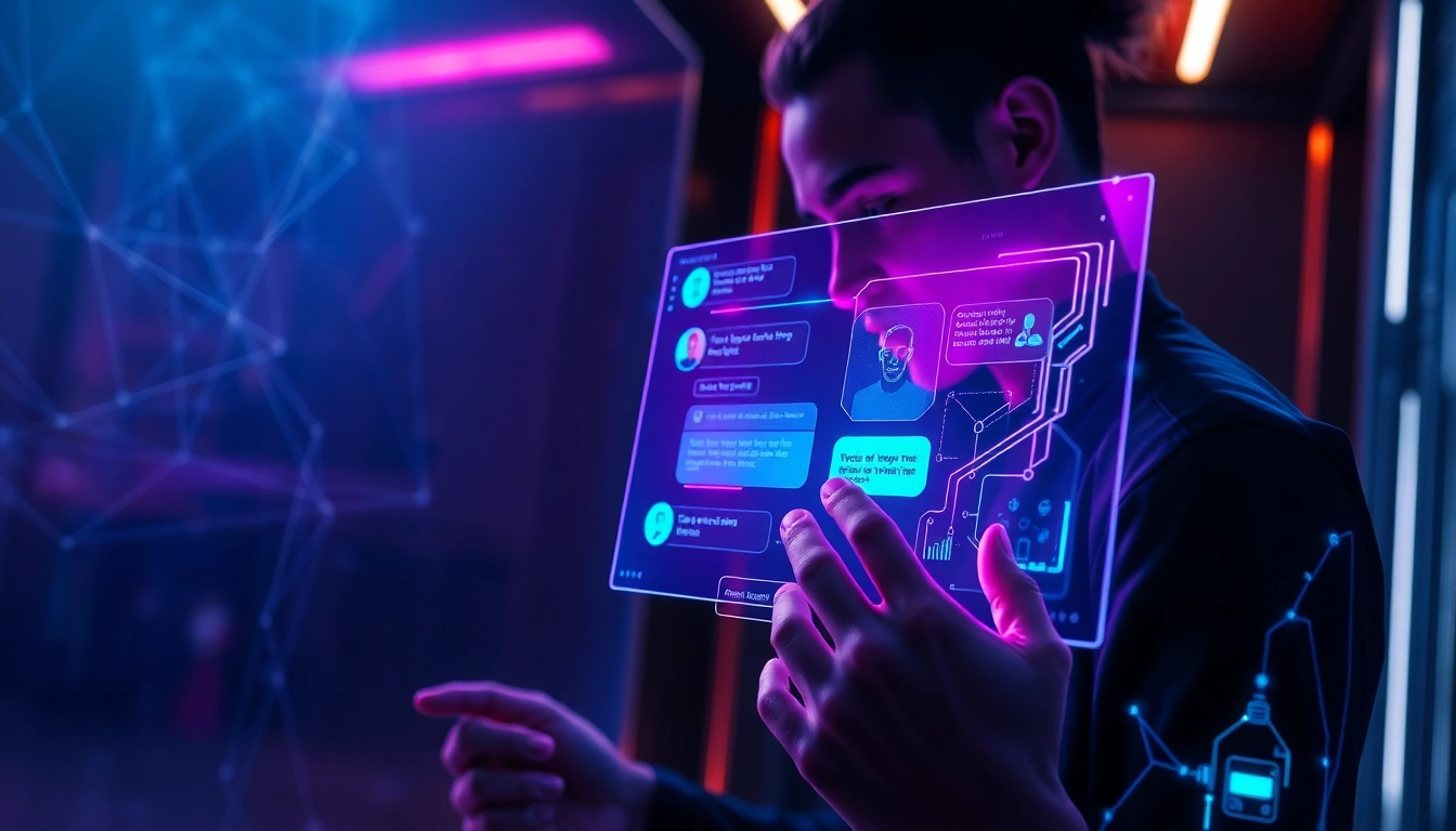 Futuristic AI interface hologram showing digital chat interactions in a modern tech environment.
