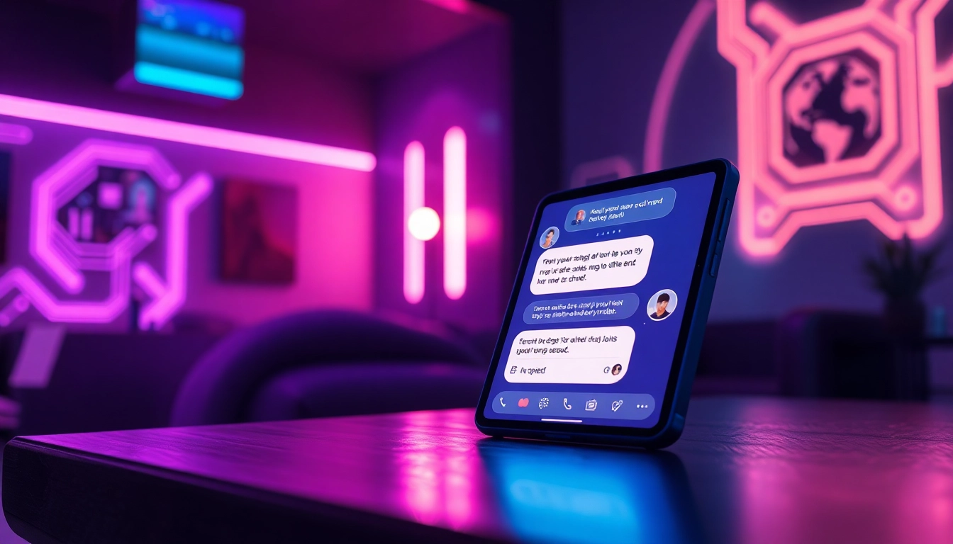 Digital artwork of an AI chat interface on a futuristic device with neon lighting and adult-themed elements.