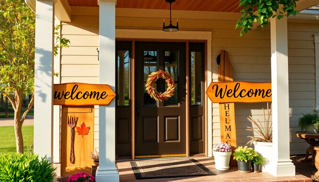 Beautiful welcome signs on a front porch greeting guests with rustic charm and personalized details.