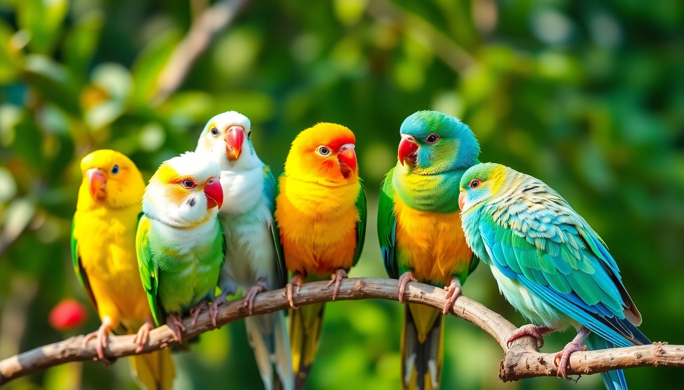 Vibrant pet birds sitting on a branch, highlighting the charm and diversity of pet birds for owners.