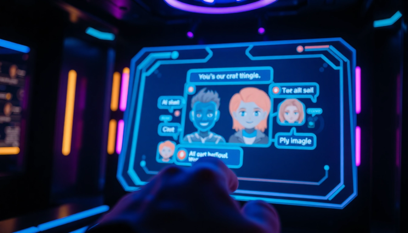 Futuristic digital chat interface with neon-lit AI characters and holographic elements