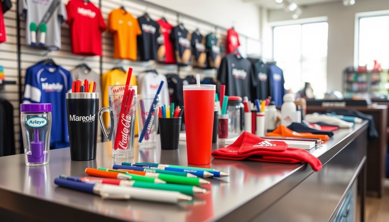 High-quality promotional products in Louisville showcased with branded pens, drinkware, and apparel arranged attractively for branding success and visual appeal.