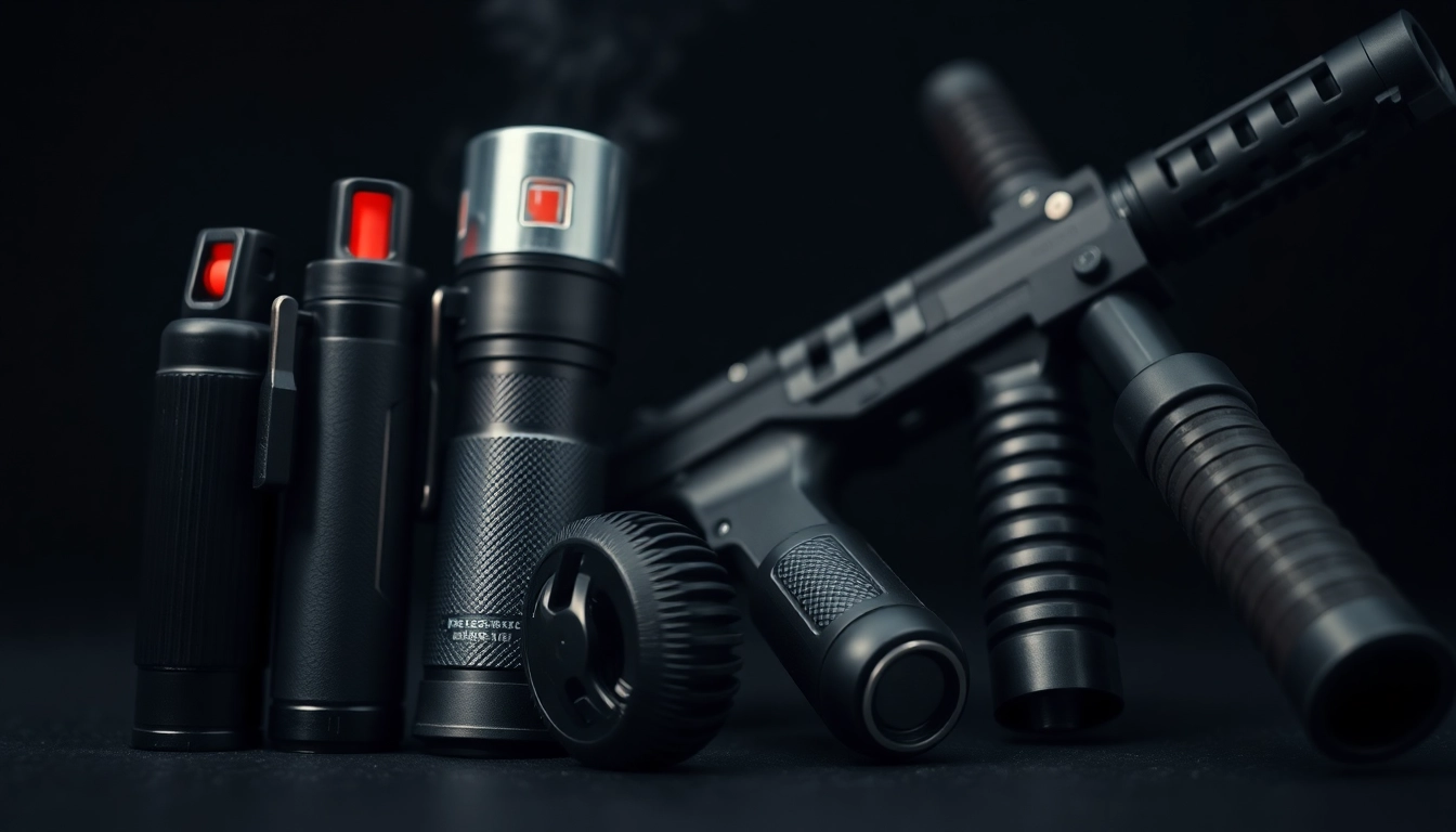 Self-defense weapons including pepper spray, stun guns, and batons designed for personal safety and security.