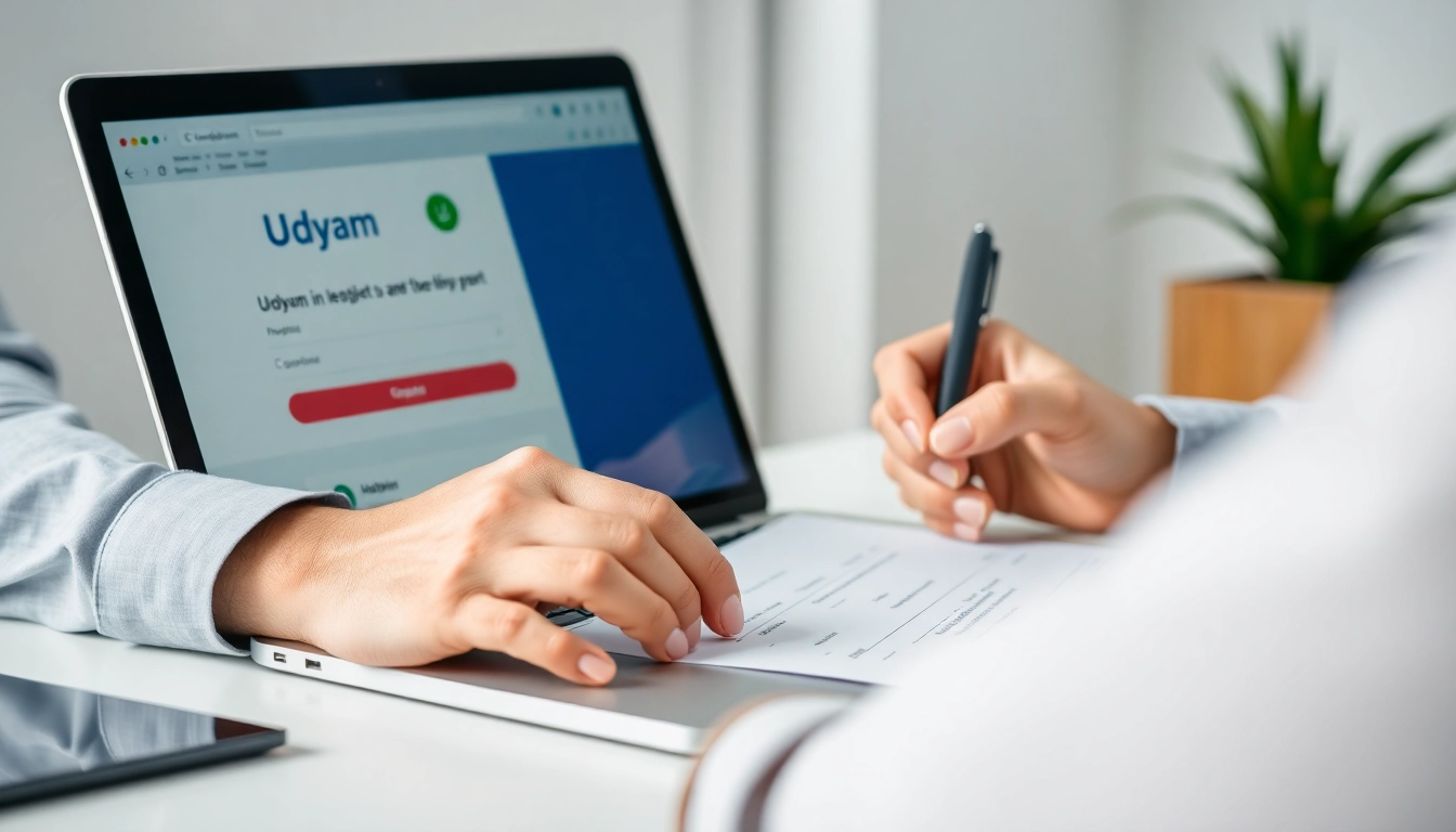 Udyam registration online: Business owner submitting MSME registration form digitally for government certification.
