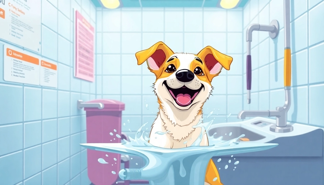 Enjoy a fun dog wash near me experience at a self-serve dog wash station, with a happy dog being cleaned.