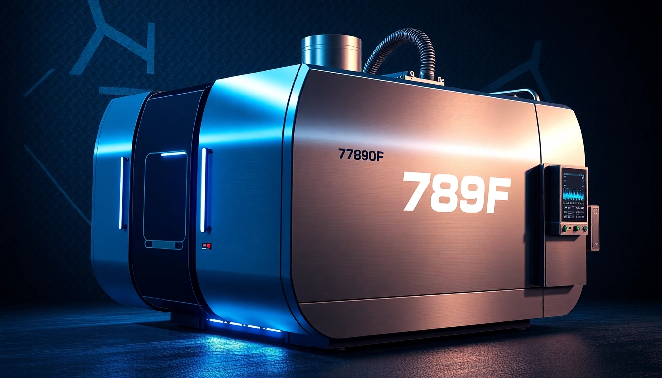 789F branding on a modern industrial machine reflecting strength and innovation, ideal for industrial websites and marketing materials.