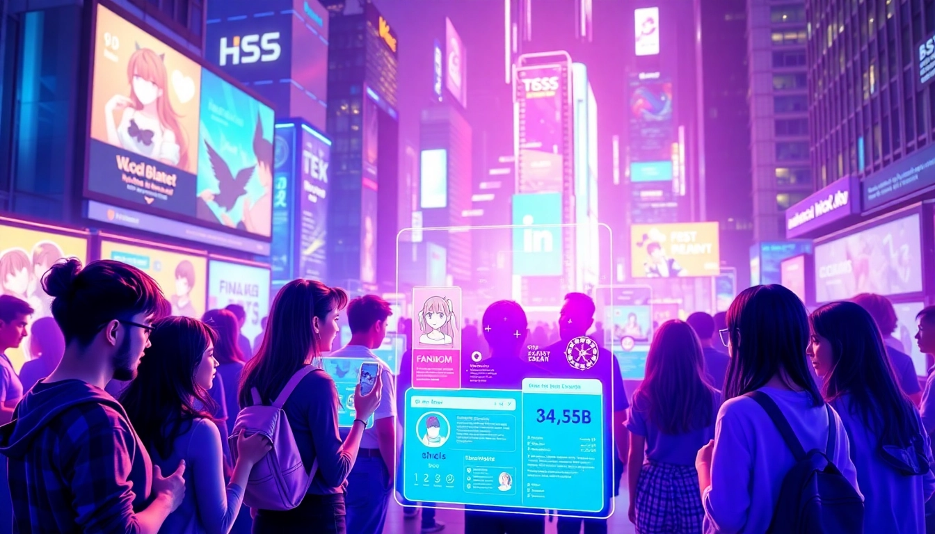 Futuristic social media scene with holographic interfaces and anime characters in a neon-lit cityscape.