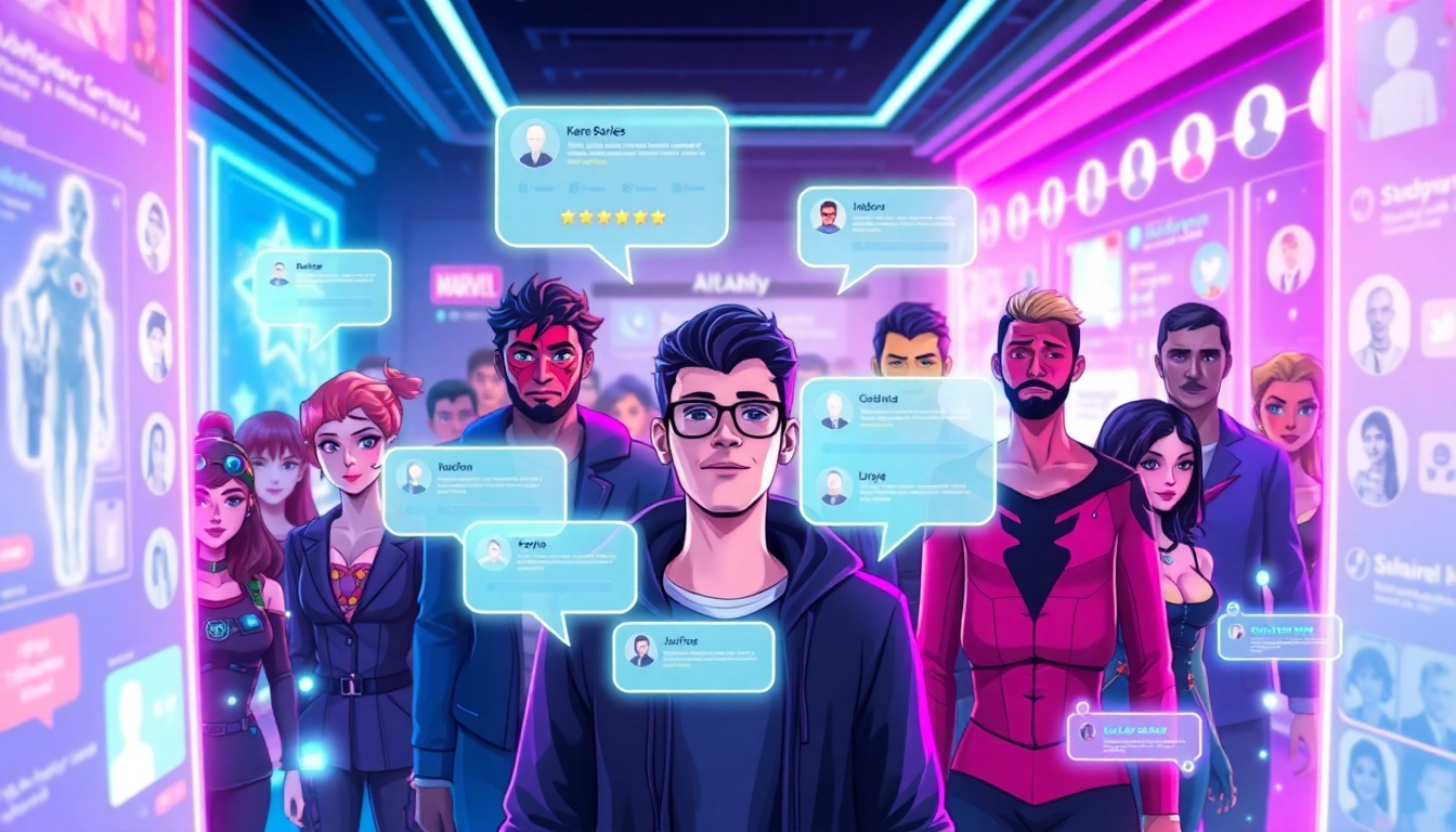 Futuristic social media scene with avatars and holographic AI interactions in a neon-lit environment.