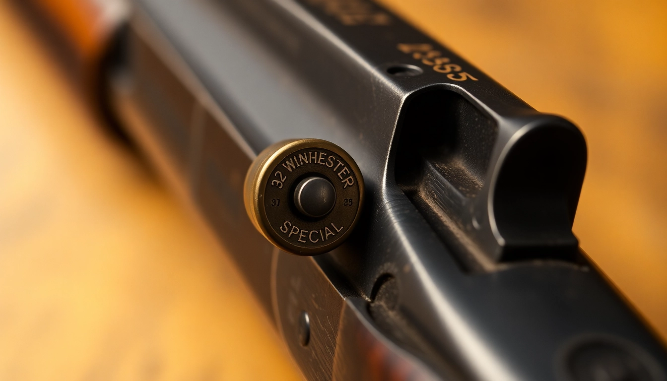 A detailed shot of a 32WIN cartridge inserted into a classic lever-action Winchester rifle, highlighting firearm precision and historical appeal.