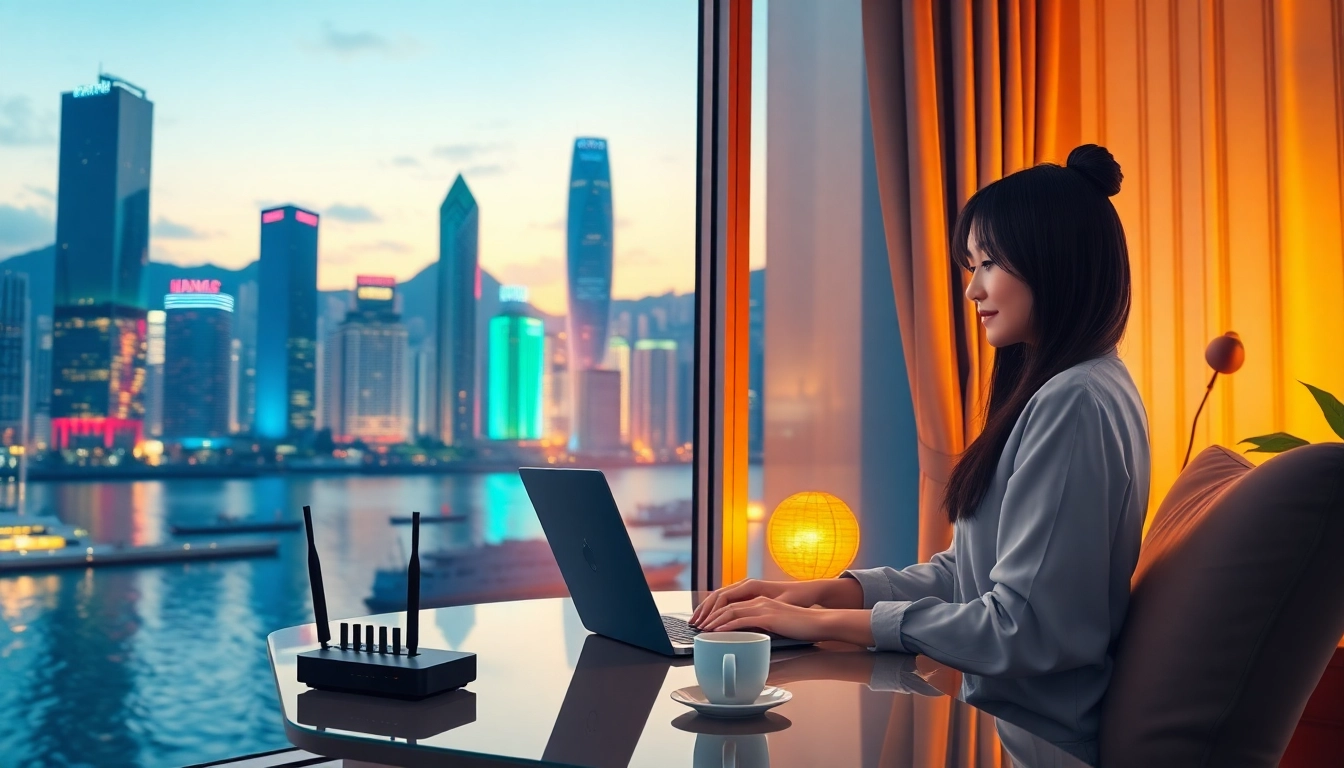 香港夜景背景下，現代家庭辦公空間中一位女性使用筆記型電腦，展現都市與科技融合的寬頻上網場景。