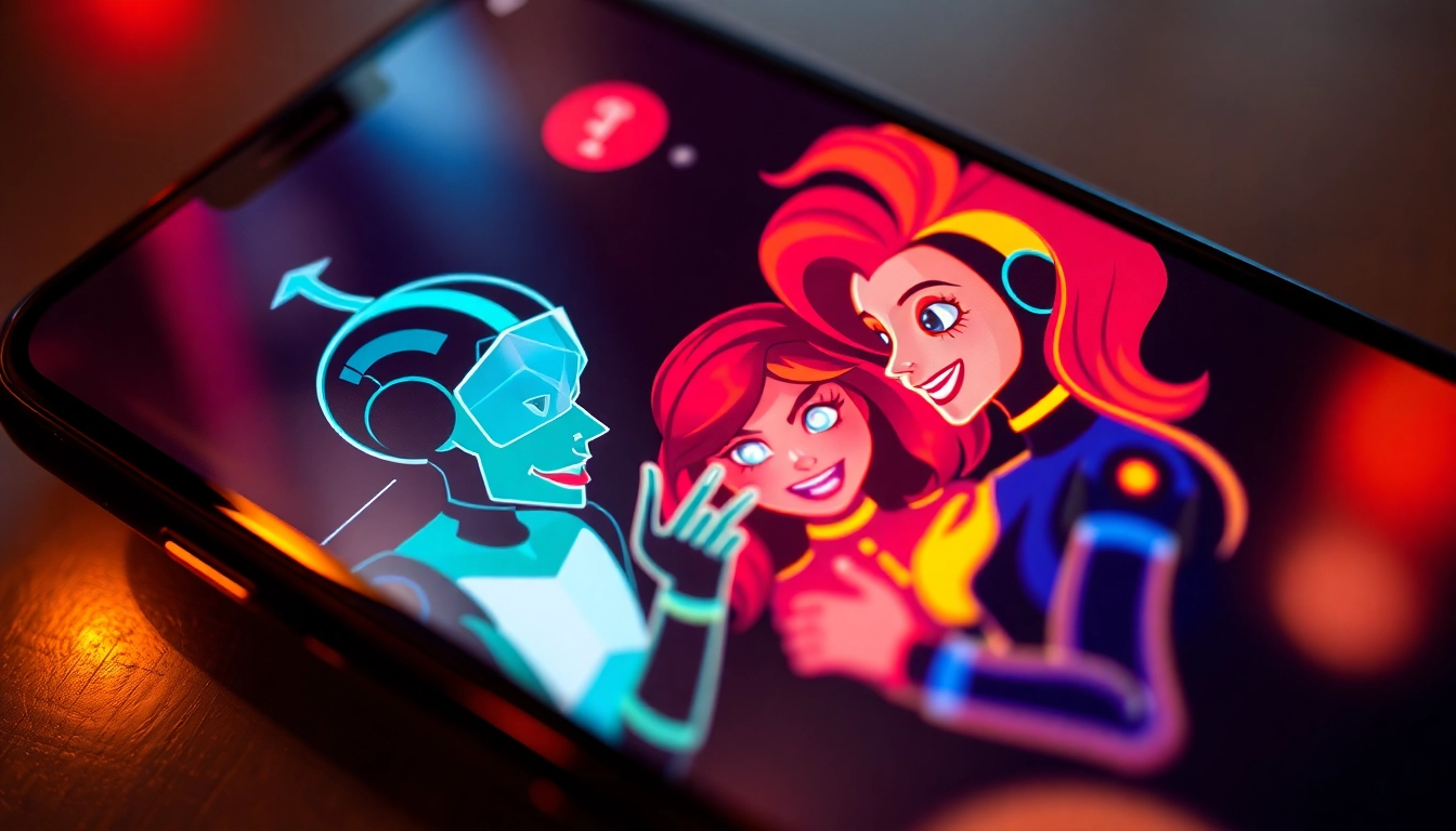 Spicy AI Chat app interface showing colorful, animated characters engaging in playful conversations, highlighting realism and user engagement for screen readers.