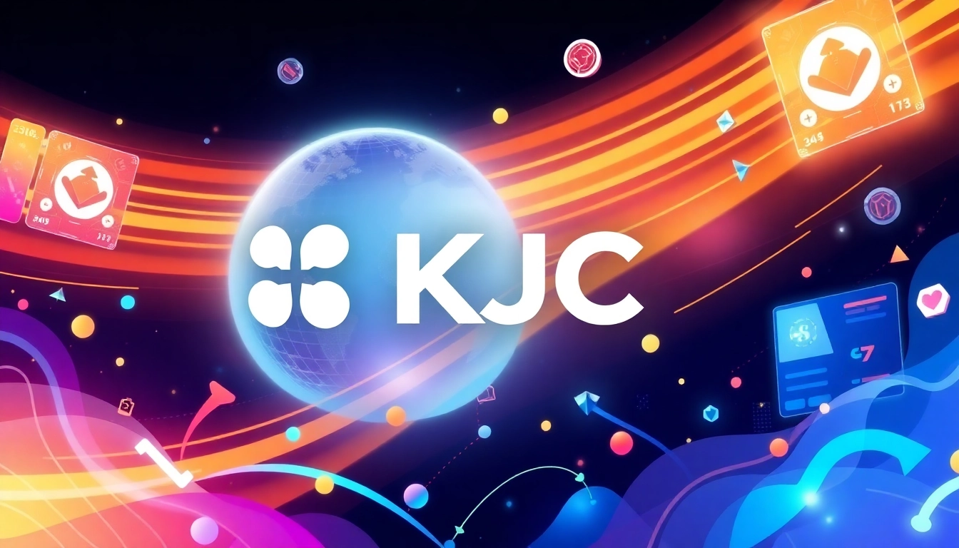 Global KJC entertainment network showing a vibrant interface with user engagement symbols,