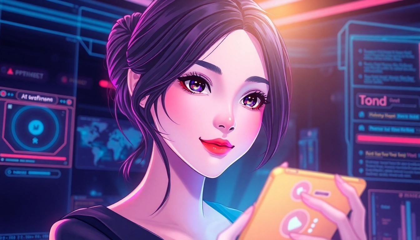 Futuristic digital AI girlfriend interface with an anime-inspired avatar on a holographic screen.