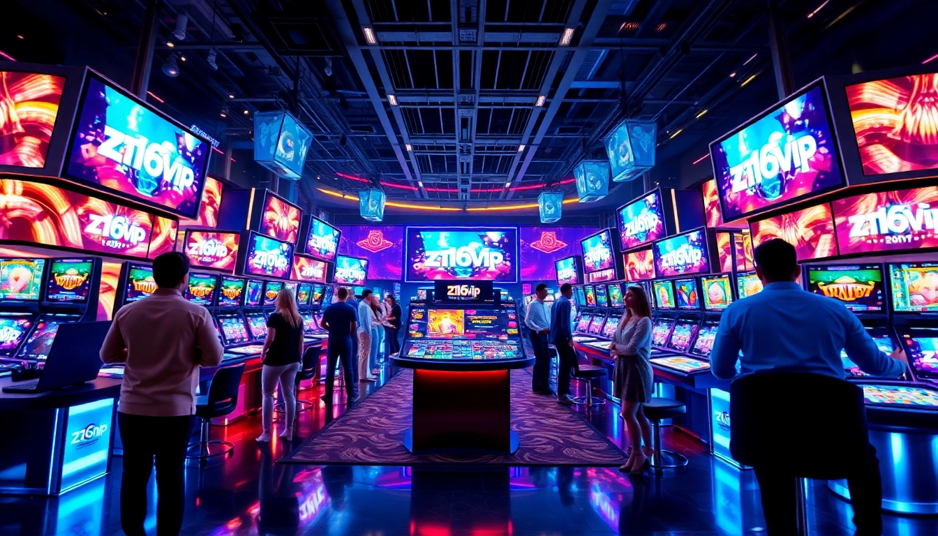 Z16vip online casino platform with vibrant screens and energetic players engaging in