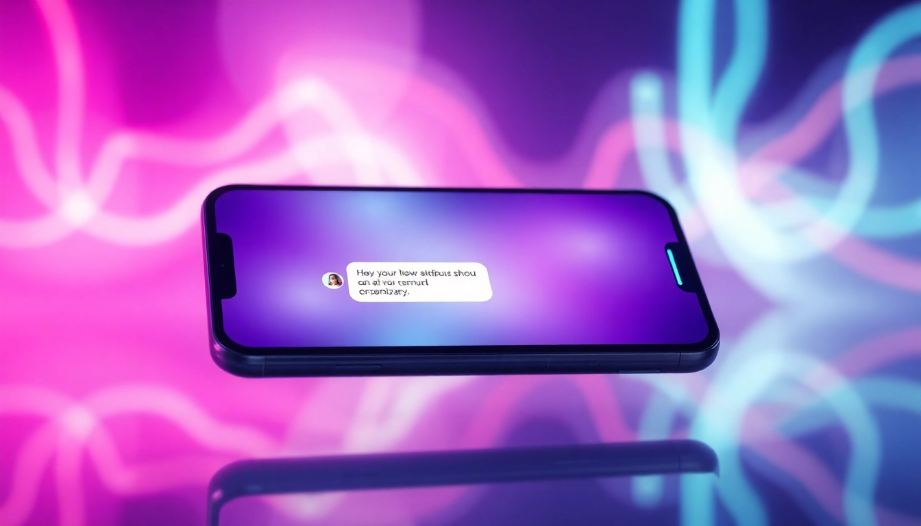 Futuristic smartphone displaying a colorful chat interface with playful, flirtatious AI conversation bubbles.