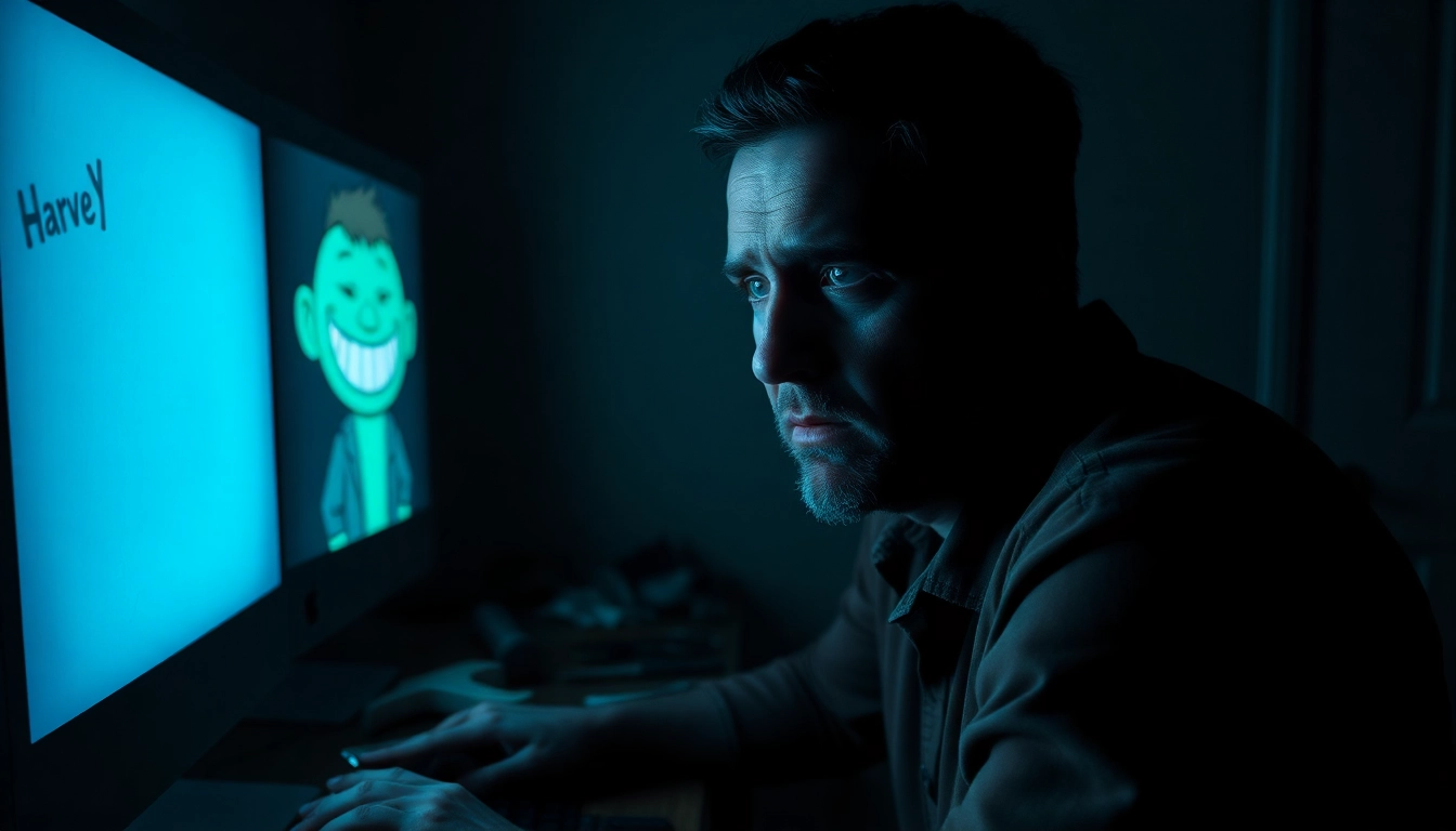 An unsettling image of a man facing a computer screen showing Harvey, with tools and shadows highlighting moral conflict and suffering.