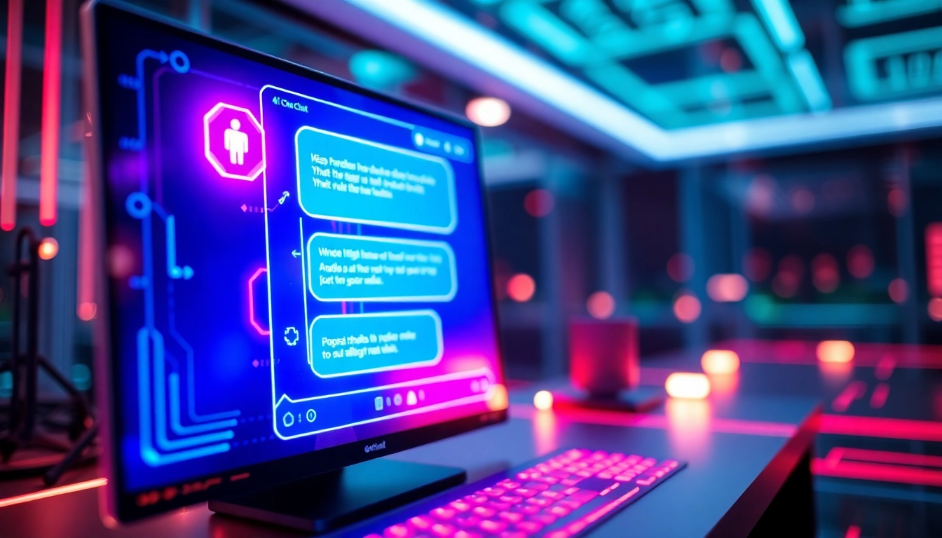 Futuristic AI chatbot interface with neon glow in a high-tech environment.