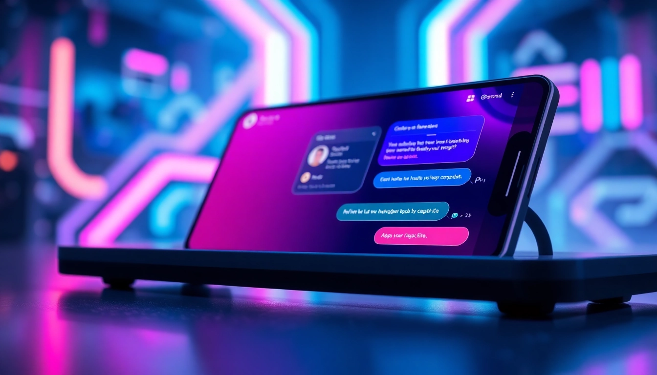 Close-up of a futuristic device with an AI chatbot conversation on the screen, glowing neon accents in a tech-inspired environment.