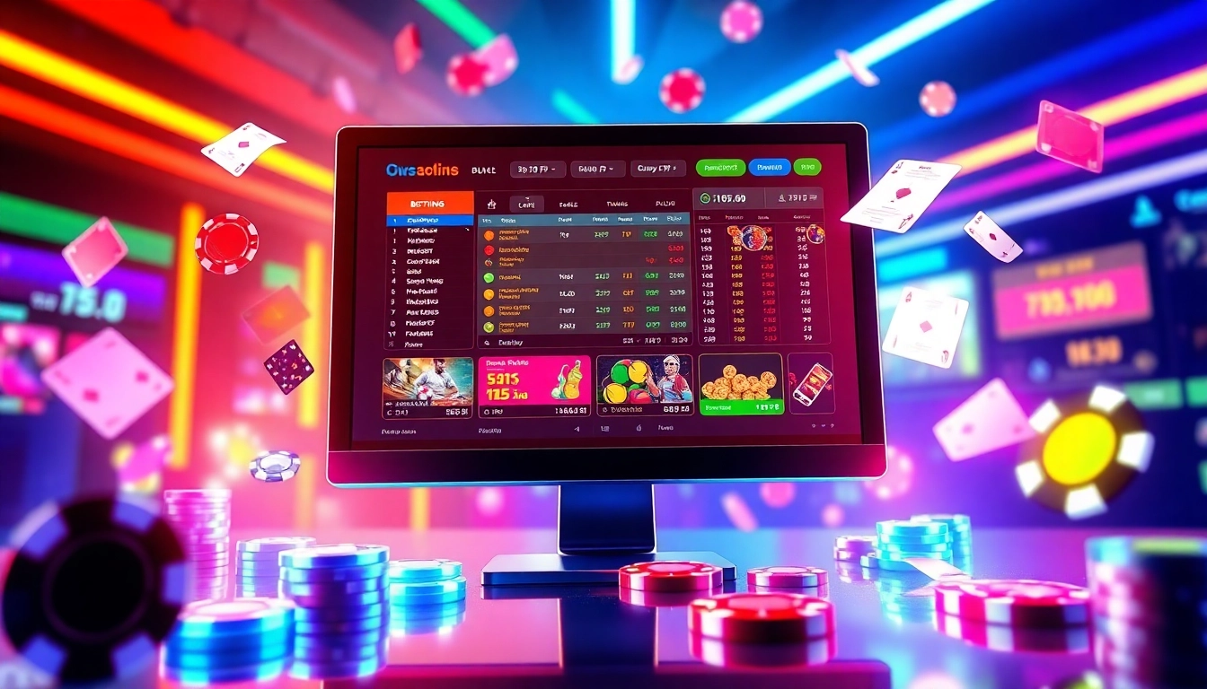Illustration of a vibrant online sportsbook and casino platform with betting options and gaming elements.