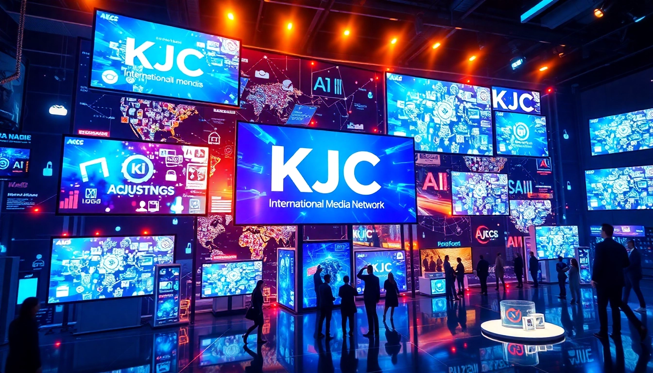 KJC logo with a dynamic digital background highlighting international media and technology integration for enhanced online entertainment and communication.