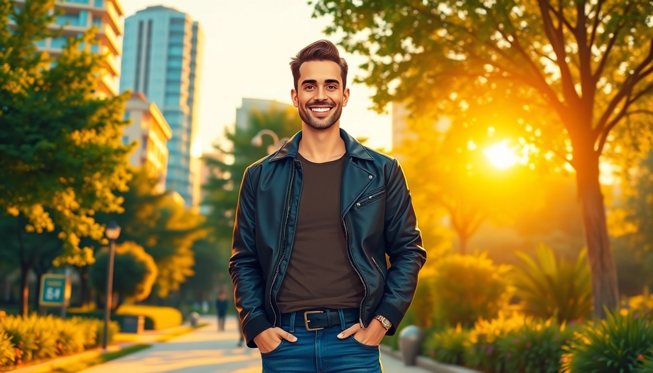Stylish man in casual attire standing in a park during golden hour with city buildings in background.