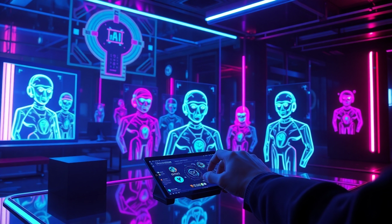 A futuristic digital environment with holographic AI characters and a user interacting with a chatbot interface.