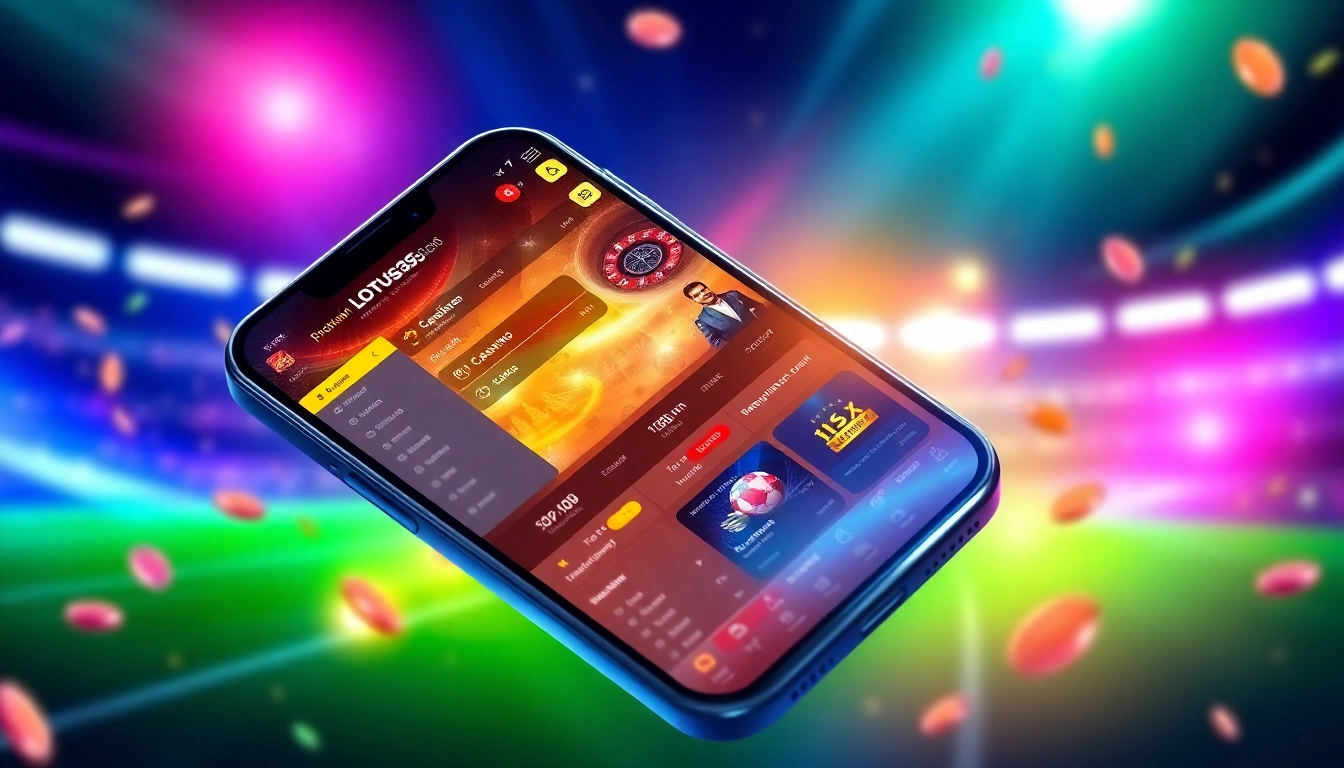 Lotus365 mobile app showcasing live sports betting and casino games with real-time odds and secure payment icons for Indian users.