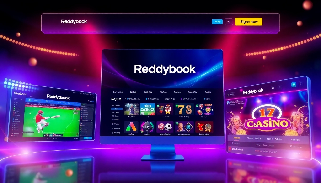 Reddybook platform logo on a vibrant screen, emphasizing trusted sports betting in India, with cricket and casino visuals, engaging and user-friendly design.
