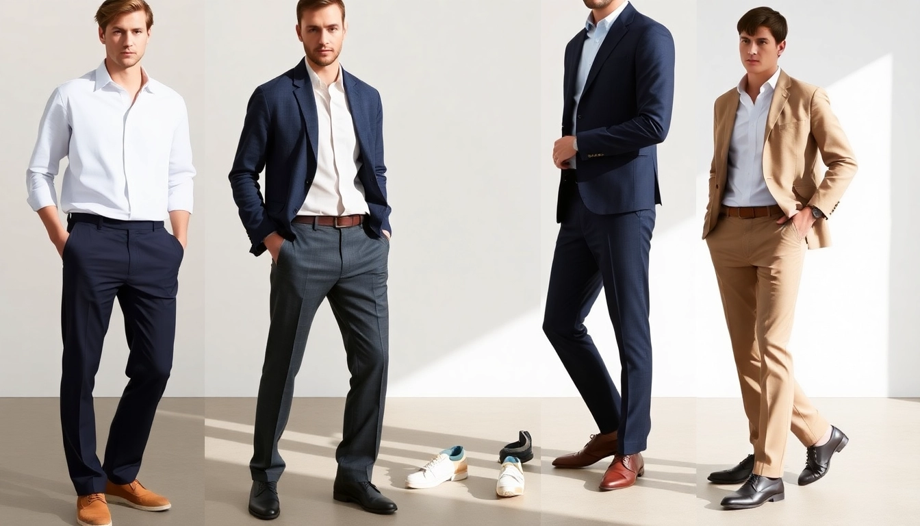 Men's trousers in various fits and fabrics showcasing style and comfort for everyday wear.