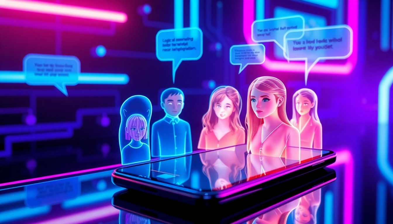 Futuristic AI chatbot interface with holographic characters and vibrant neon lighting
