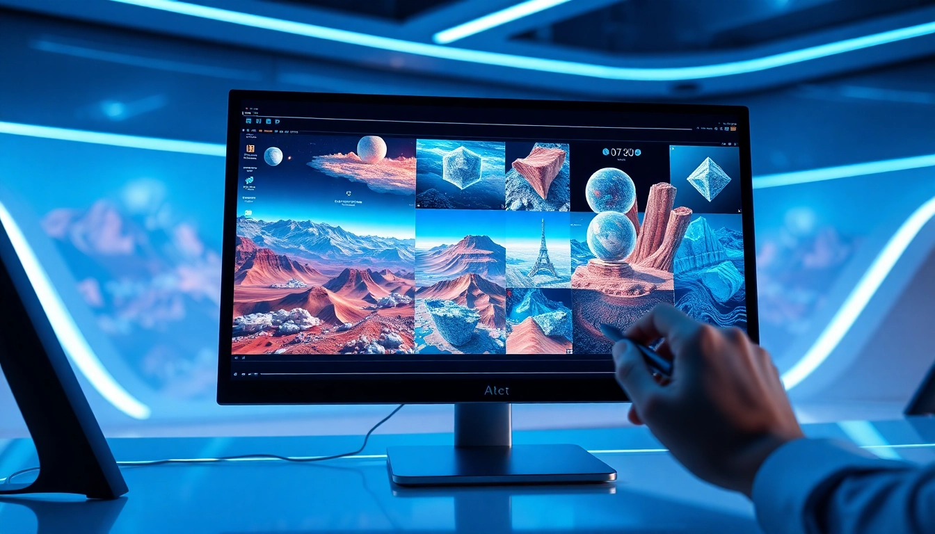 A futuristic workspace with a computer screen displaying vibrant AI-generated images and a human hand editing with a stylus, highlighting advanced AI image editing technology.
