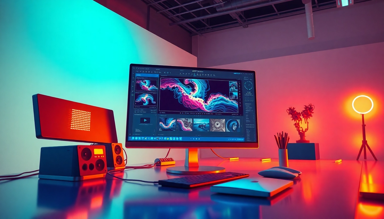 Futuristic AI workspace with advanced image editing technology on a sleek computer screen.