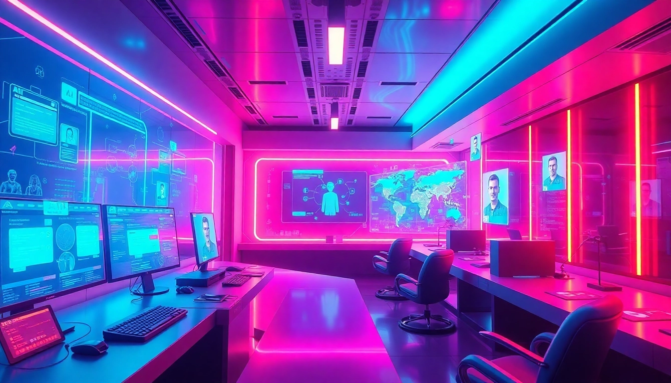 An abstract futuristic scene of AI chat technology with holographic interfaces and neon lighting.