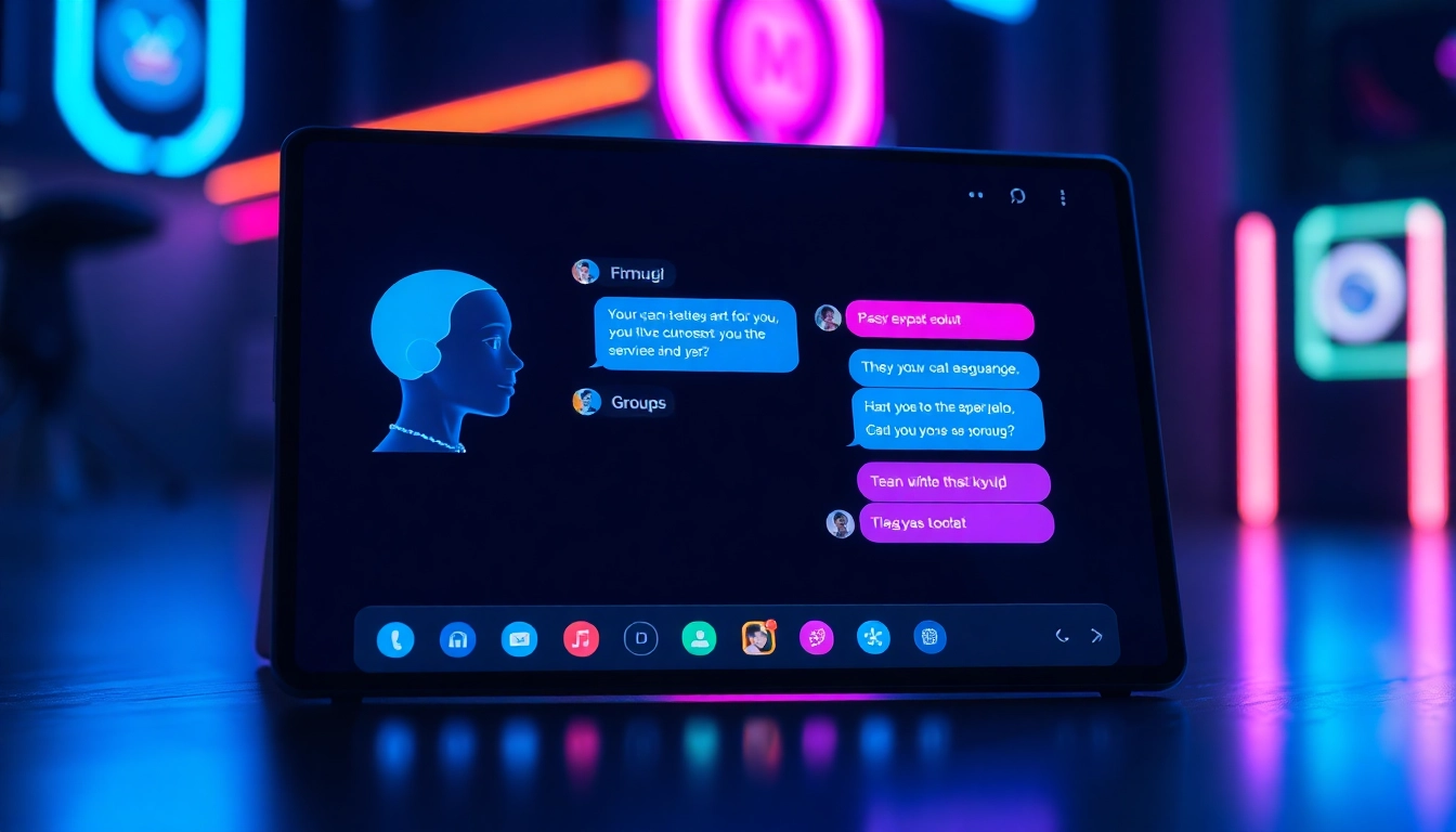 Futuristic digital chat interface with AI character and user conversation, glowing neon accents, cyberpunk style.