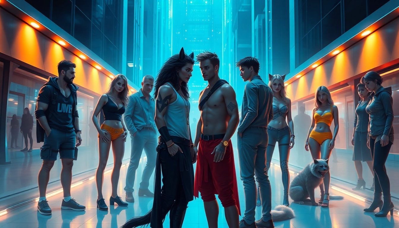 Illustration of a modern Omegaverse society with diverse characters in a futuristic urban setting, highlighting power dynamics and societal hierarchy.