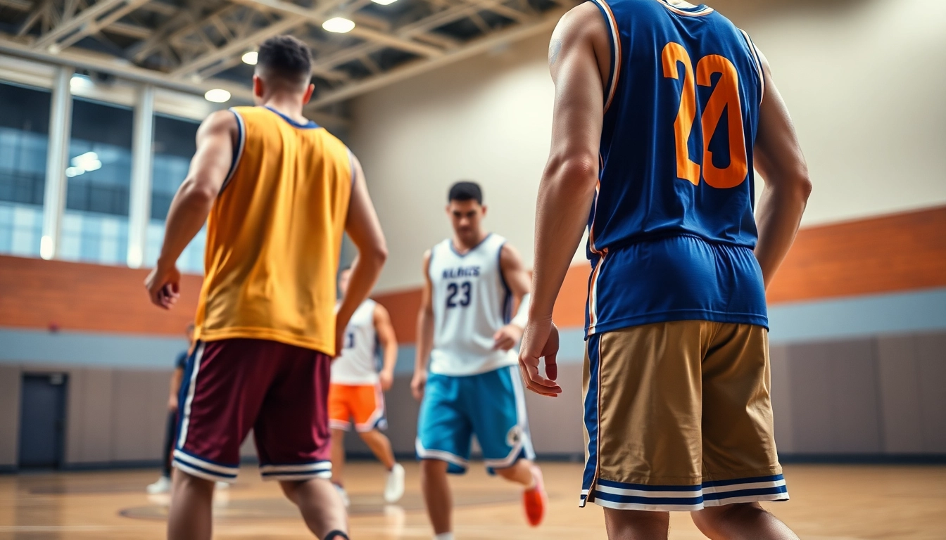 High-quality basketball uniforms showcasing customizable jerseys and shorts with team logos, designed for performance and style.