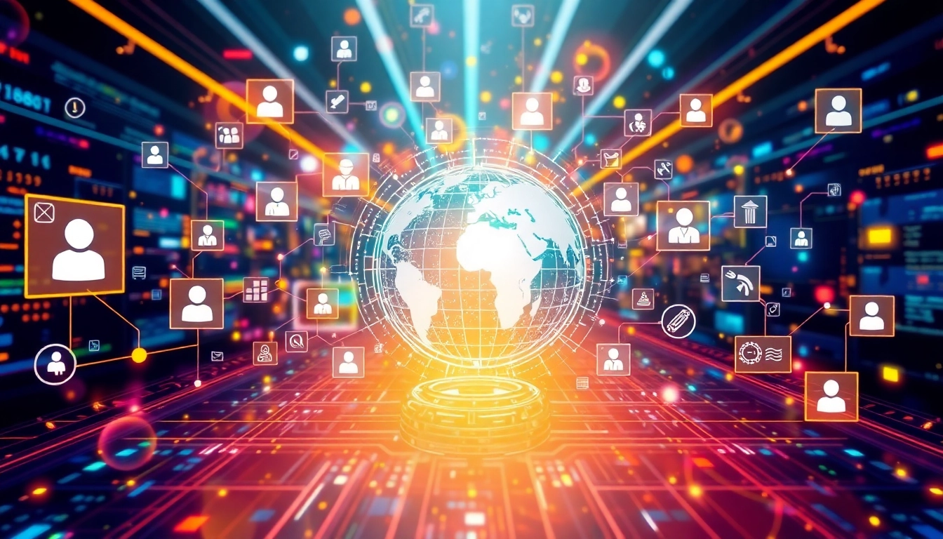 KJC leads a global digital ecosystem, showcasing innovative entertainment and technology solutions with interconnected people, devices, and secure systems, emphasizing trust and innovation.