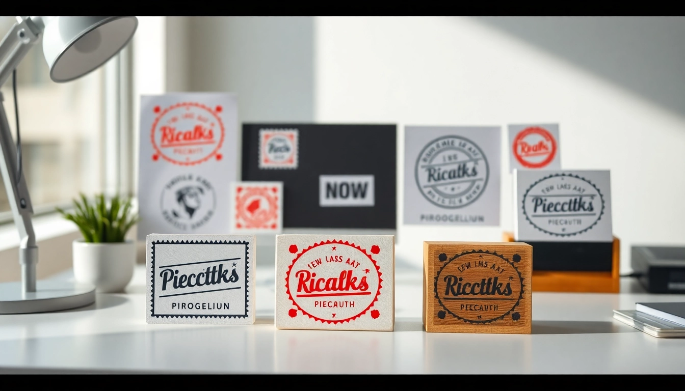 Explore a collection of customized pieczątki showcasing unique designs and vibrant colors for business branding.