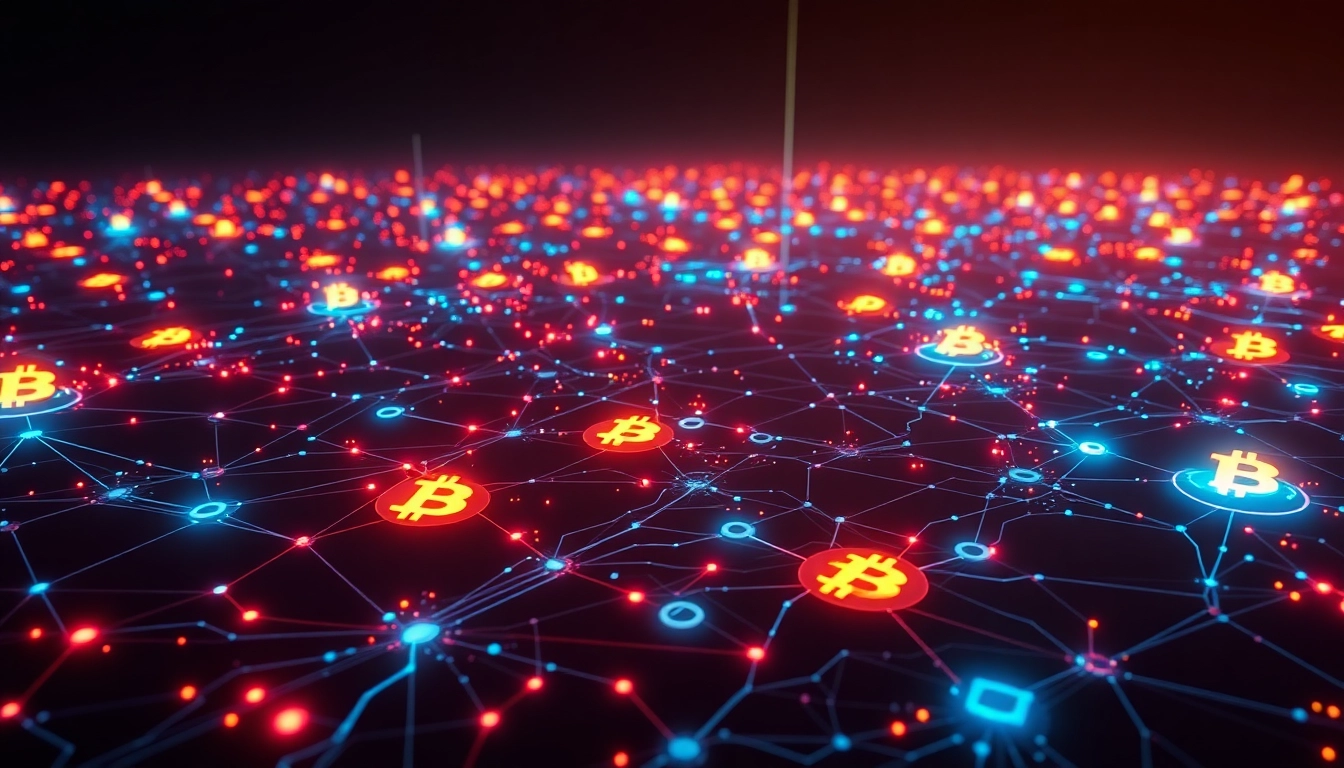Bitcoin logo glowing on a secure digital blockchain network representing cryptocurrency
