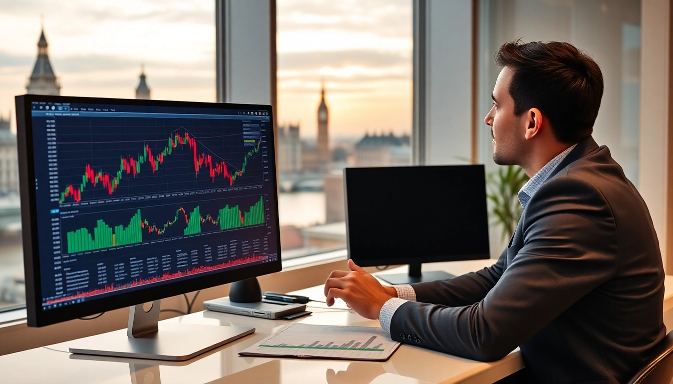 Illustration of a financial expert studying stock data for the best UK investment guide in a