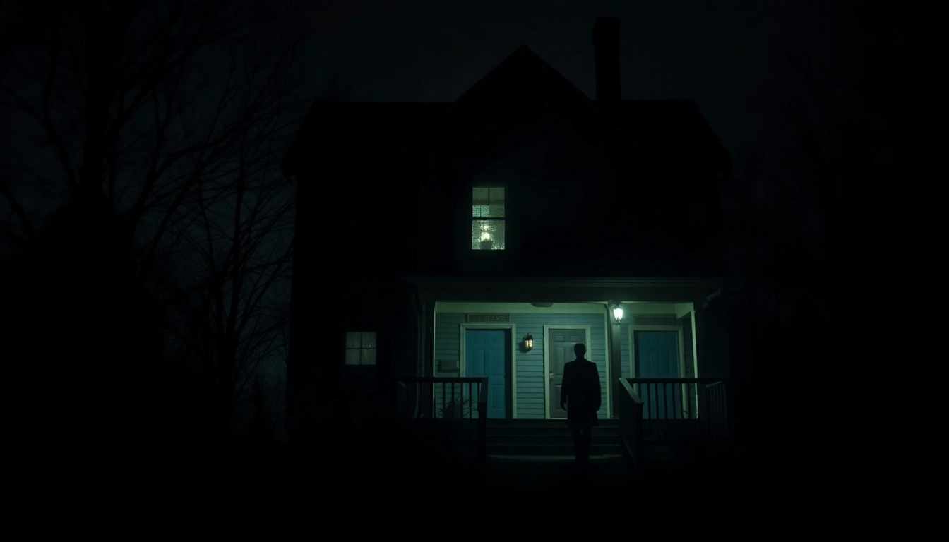 Captivating horror video scene with haunted house and shadows creating a chilling atmosphere.