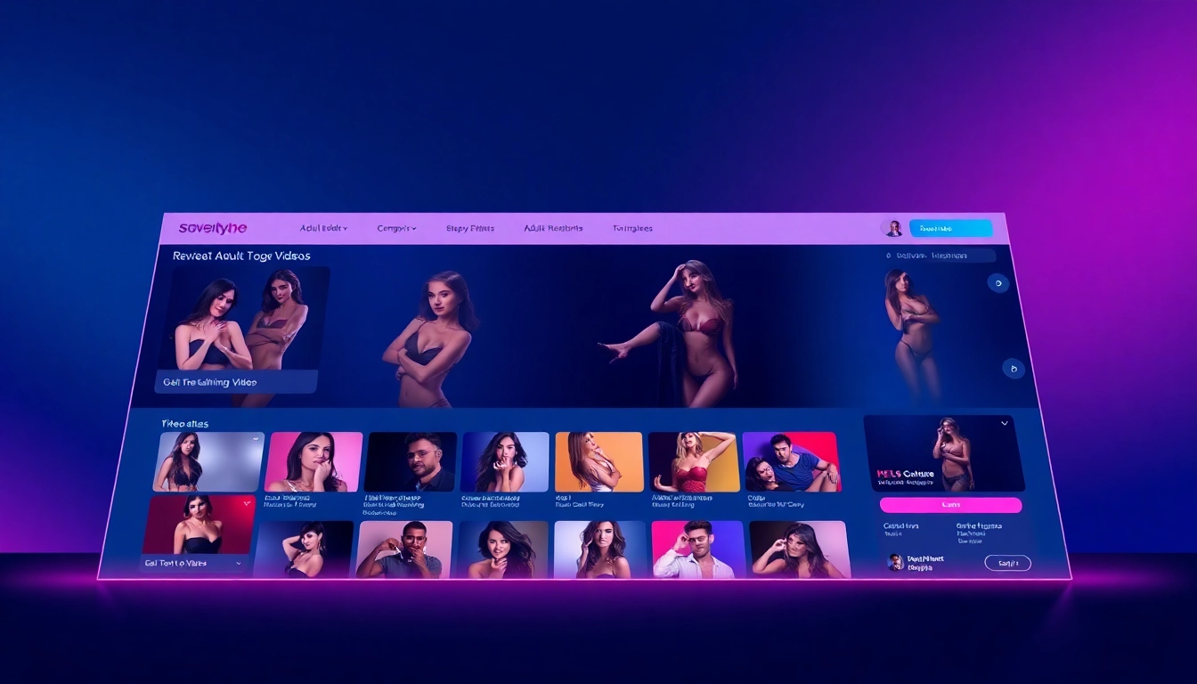 Illustration of a modern adult entertainment website interface with video thumbnails and vibrant colors