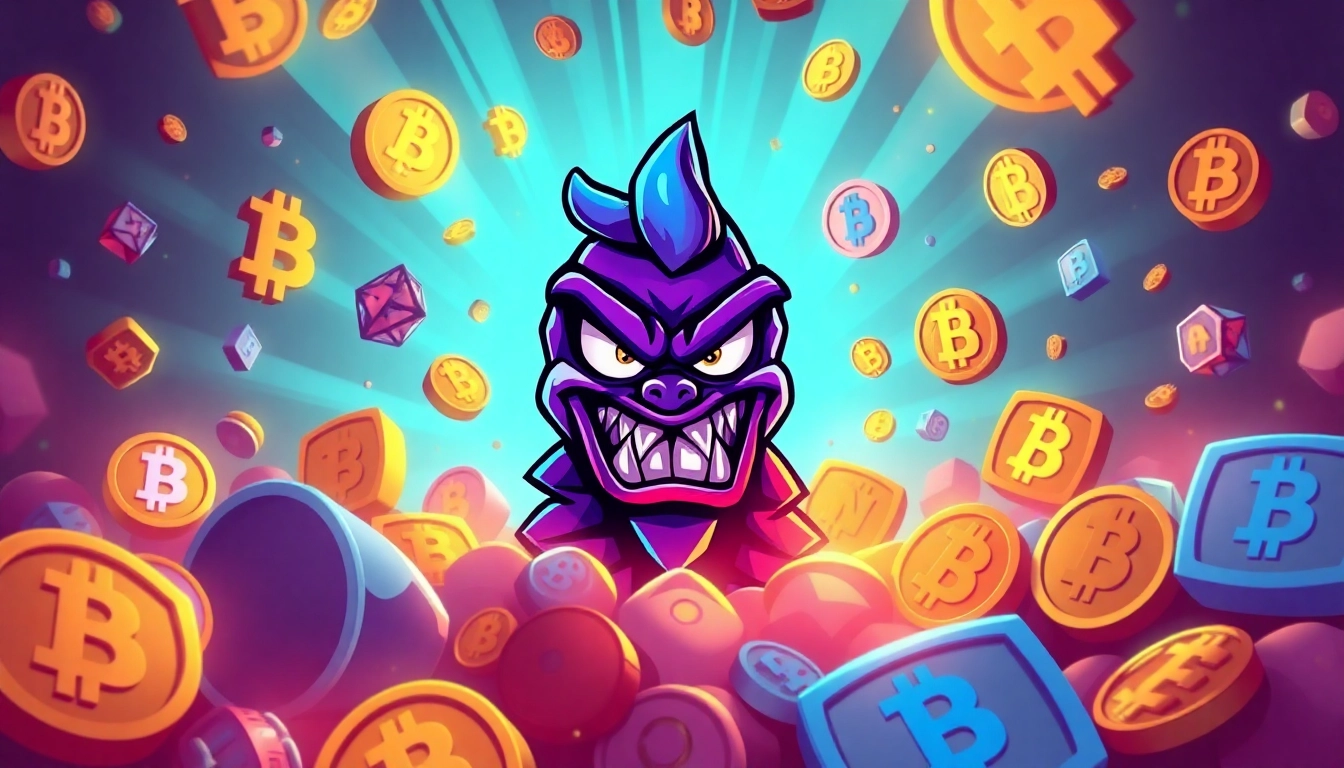 Angry Pepe Fork stands out in a vibrant scene with blockchain icons and GambleFi mini-games,