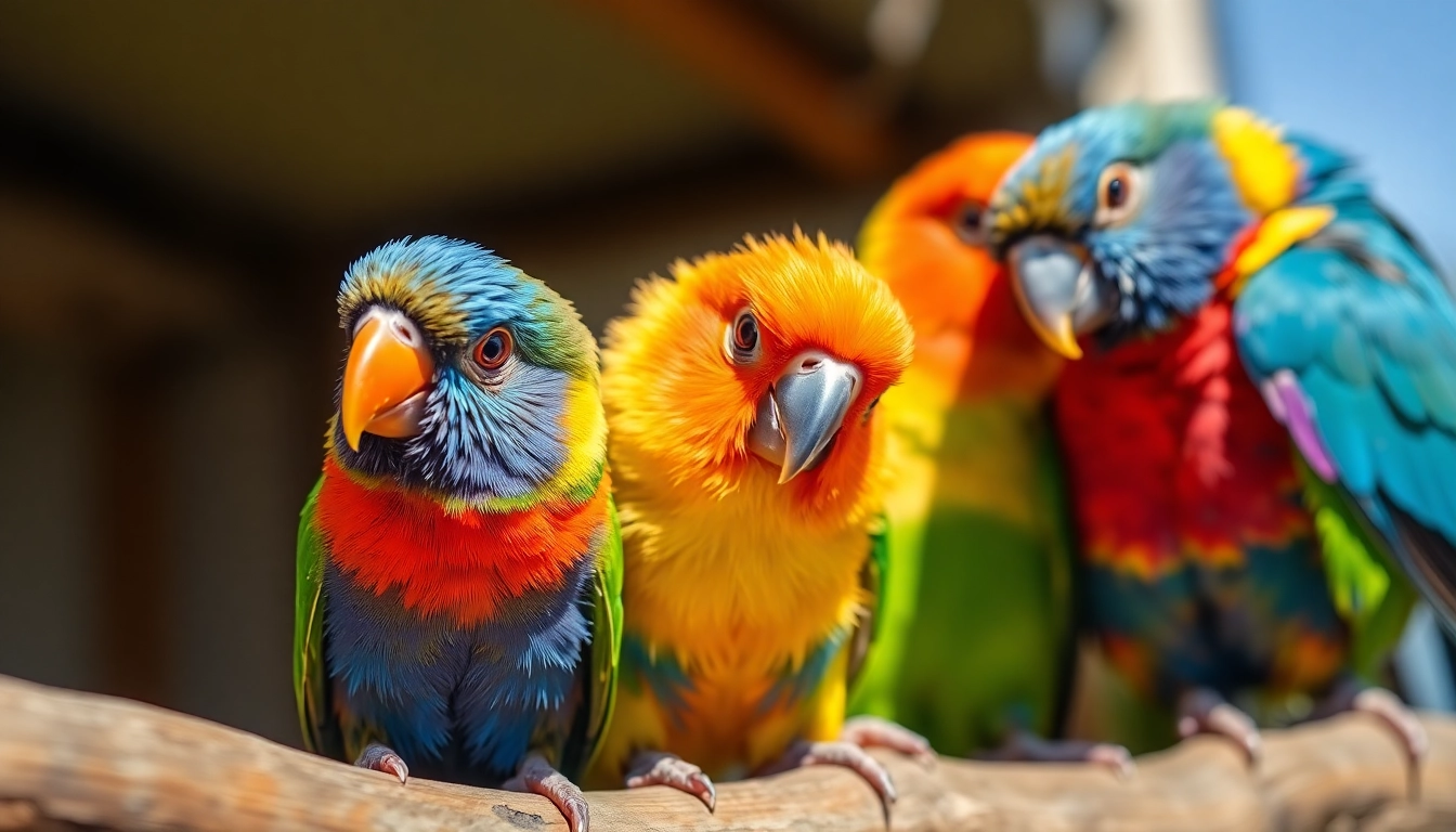 Brightly colored pet birds sitting on a branch in natural light showing their vibrant feathers