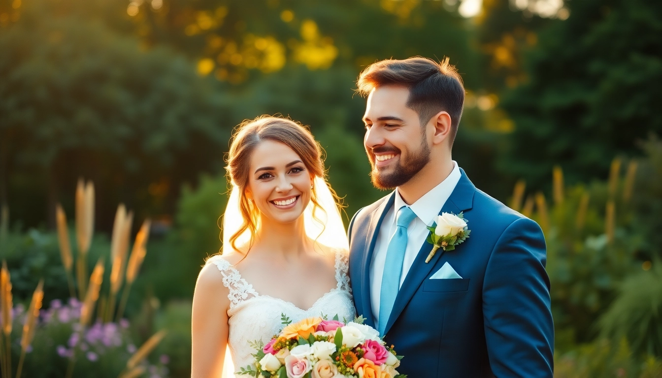Professional photographer capturing eskuvoi fotozas with happy bride and groom in a lush garden