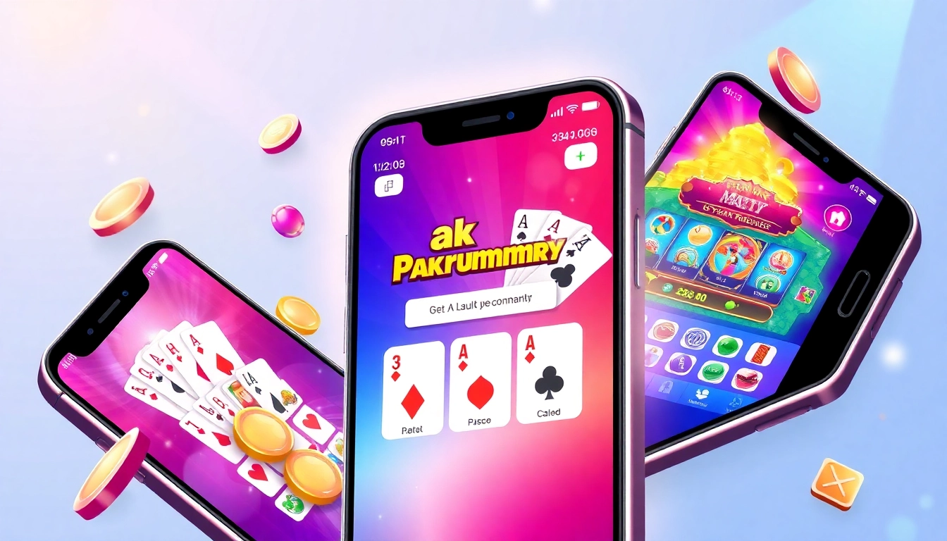 Pakrummy online gaming platform logo displayed on mobile screens with lively card games and