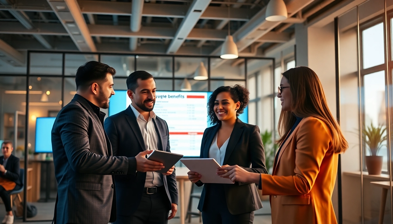 Canadian business team discussing employee group benefits strategies in a modern office setting